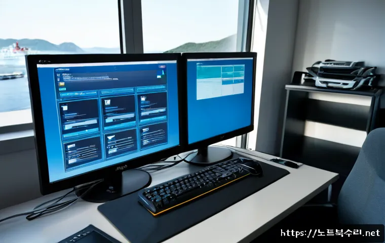 덕적면 STATUS_INVALID_OBJECT - Photorealistic remote-support workstation in a quiet island township office, dual monitors showing a...