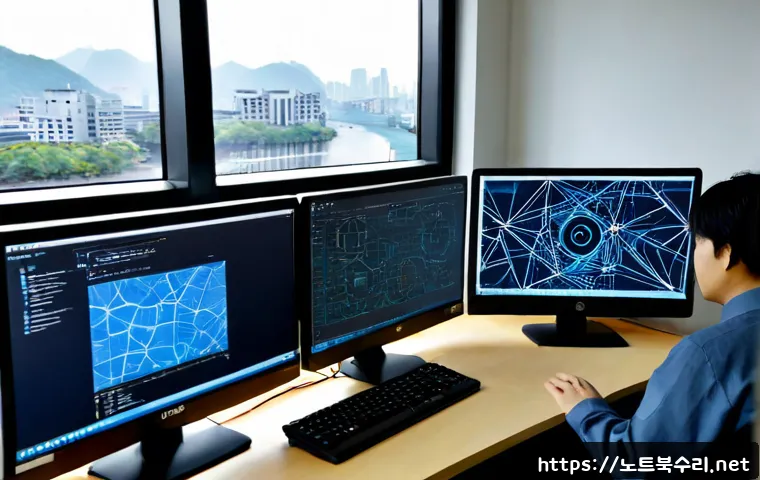 서강동 STATUS_INVALID_THREAD - Photorealistic modern support-engineering workstation in a compact riverside Seoul office, dual moni...