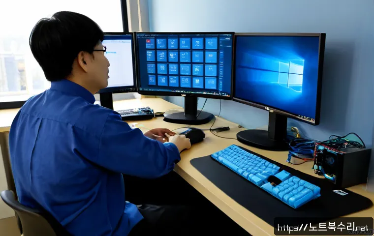 누읍동 STATUS_KERNEL_CONFIGURATION_ERROR - Photorealistic IT support workstation in a quiet suburban Korean office, dual monitors showing abstr...