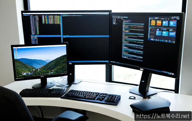 군포시 REGISTRY_ERROR - Photorealistic IT support workstation in a compact Korean apartment office, dual monitors showing ab...