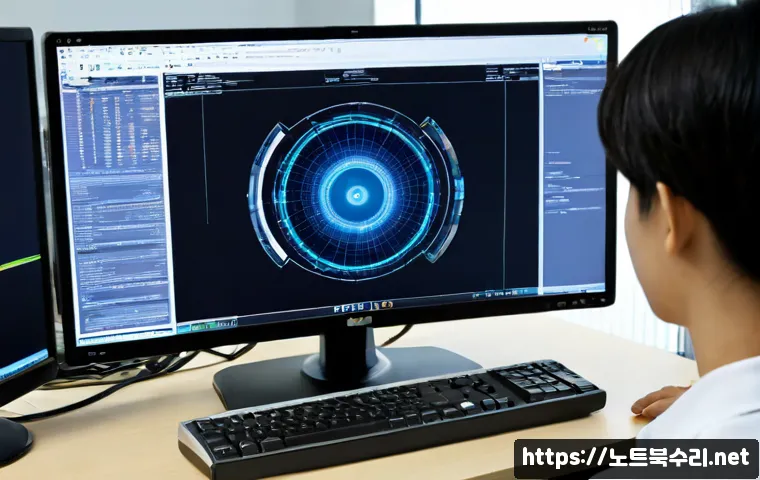 양주시 자동복구 - Photorealistic IT recovery workstation in a quiet satellite-city office, dual monitors showing an ab...