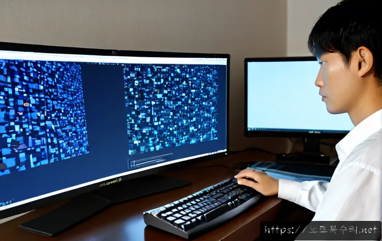 파주시 STATUS_ACCESS_VIOLATION - Photorealistic remote-support workstation in a quiet Paju apartment, dual monitors showing a frozen ...