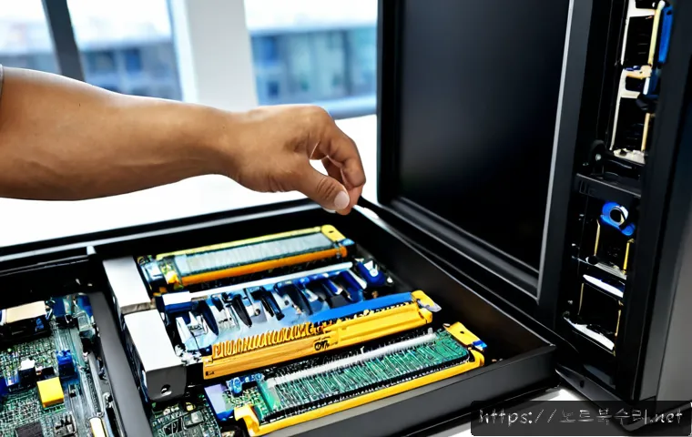 영등포동 메모리조립 및 교체수리 - Photorealistic desktop PC repair workstation in Yeongdeungpo-dong, technician carefully installing m...