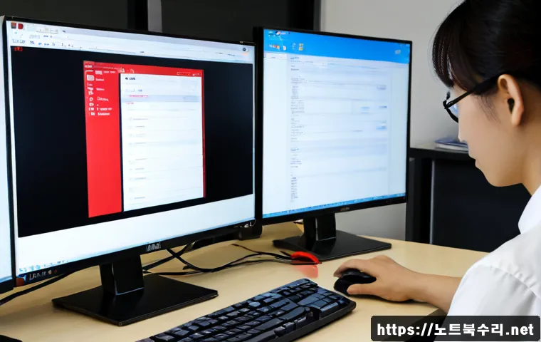 주안동 STATUS_FILE_INVALID - Photorealistic IT support workstation in a compact Juan-dong office, dual monitors showing a clean a...