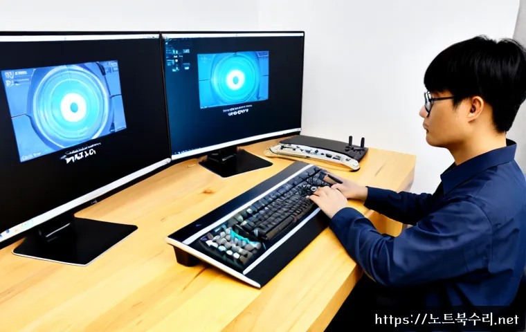 신사동 NMI_HARDWARE_FAILURE - Photorealistic premium PC repair workstation in a sleek Sinsa-dong design studio, technician diagnos...