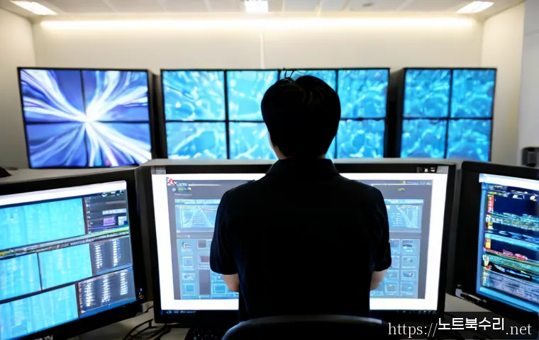 상면 UNEXPECTED_KERNEL_MODE_TRAP - Photorealistic IT support workstation in a Korean colocation data center, rack-mounted servers and n...