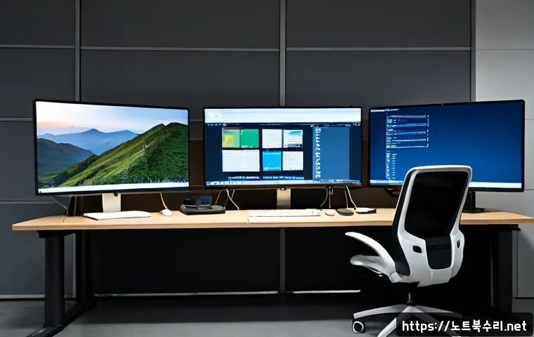 곤지암 절전모드 - Photorealistic modern workstation in a quiet Gonjiam-area logistics office at dusk, dual monitors sh...