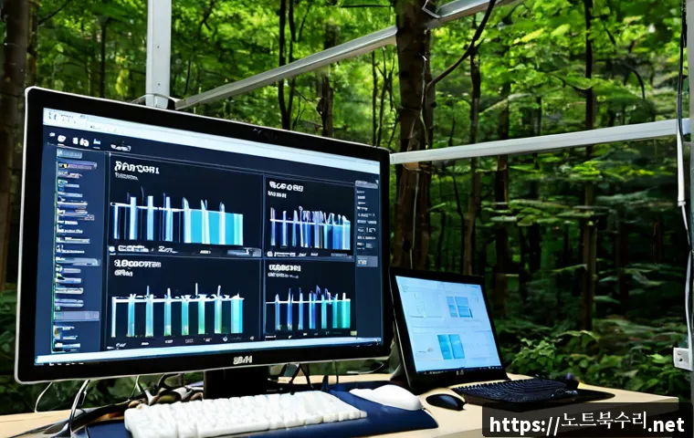 자일동 STATUS_KERNEL_DRIVER_CORRUPTION - Photorealistic IT support workstation in a quiet forest-edge residential district, dual monitors sho...
