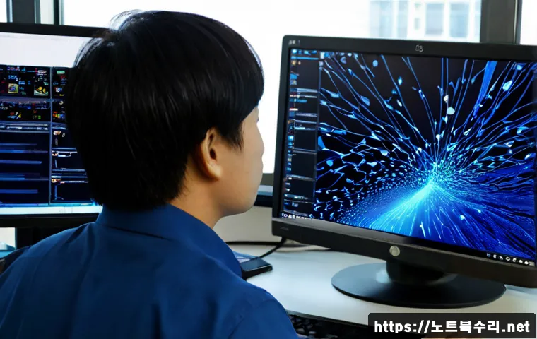 효성동 STATUS_KERNEL_STACK_CORRUPTION - Photorealistic IT support workstation in a compact Hyoseong-dong office, dual monitors showing abstr...