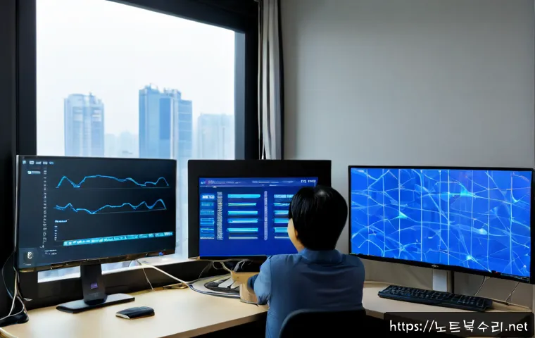 중곡동 WATCHDOG_VIOLATION - Photorealistic IT support workstation in a compact Junggok-dong apartment office, dual monitors show...