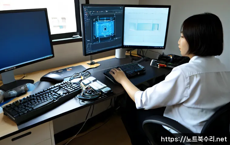 낙양동 STATUS_DISK_CORRUPTION - Photorealistic IT support workstation in a quiet low-rise Korean neighborhood office, dual monitors ...