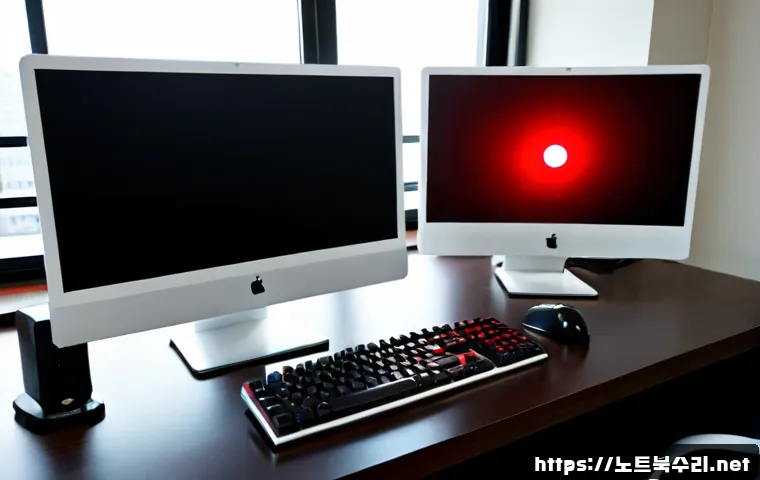 직동 REGISTRY_ERROR - Photorealistic desktop workstation in a quiet Jikdong apartment office, dual monitors showing a blan...