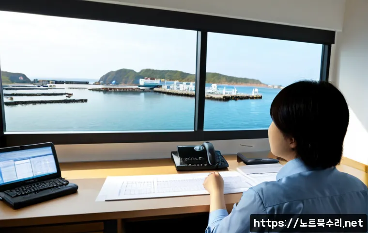 옹진군 STATUS_FILE_CORRUPTION - Photorealistic remote-support workstation in a quiet island county office, dual monitors showing a n...