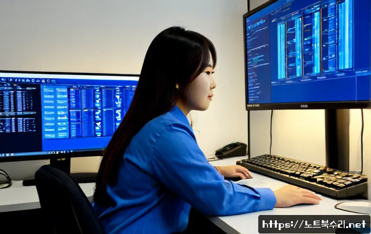 왕십리 STATUS_KERNEL_THREAD_INTERRUPTED - Photorealistic IT support workstation in a compact Wangsimni office near a rail interchange, dual mo...