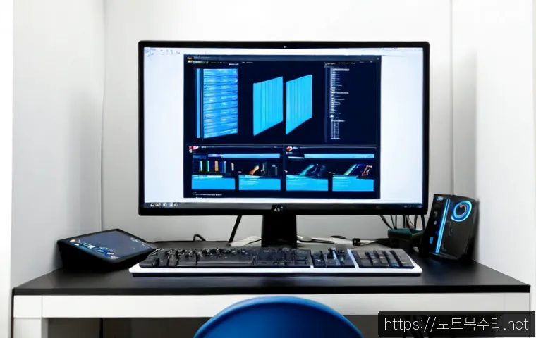 사곡동 STATUS_KERNEL_REGISTRY_ERROR - Photorealistic IT support workstation in a quiet Sagok-dong apartment office, dual monitors showing ...