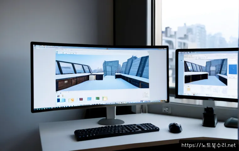 저동 STATUS_KERNEL_MODULE_FAILURE - Photorealistic workstation in a compact urban design studio, dual monitors displaying an abstract 3D...