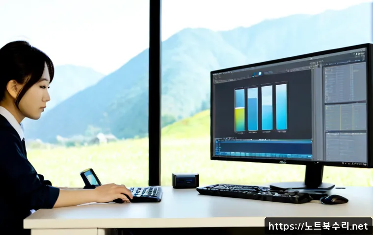 청운면 STATUS_INVALID_DEVICE_REQUEST - Photorealistic IT support workstation in a quiet rural Korean office, dual monitors showing abstract...