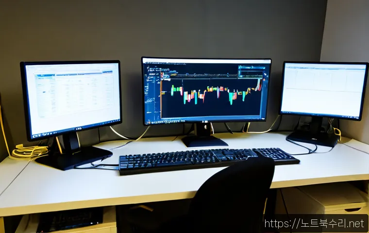 병점동 STATUS_CONTROL_C_EXIT - Photorealistic software engineer workstation in a compact Byeongjeom-dong office, dual monitors show...