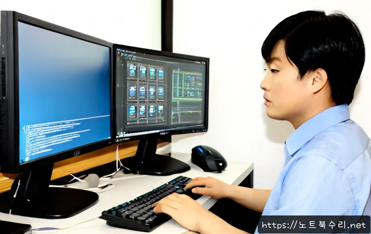 설문동 STATUS_MEMORY_ACCESS_DENIED - Photorealistic IT support workstation in a quiet suburban Korean office, dual monitors showing abstr...
