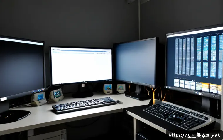 다동 STATUS_KERNEL_POWER_FAILURE - Photorealistic IT support workstation in a compact central Seoul office, dual monitors showing blank...