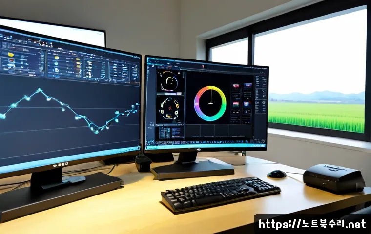 부발읍 STATUS_FLOAT_INEXACT_RESULT - Photorealistic remote-support workstation in a quiet semi-rural Korean office near rice fields, dual...