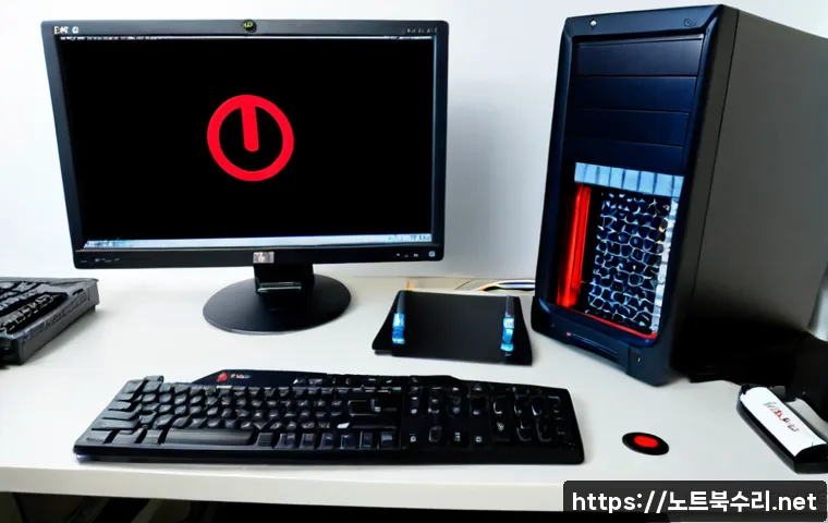 귀인동 STATUS_DISK_READ_FAILURE - Photorealistic IT support workstation in a quiet Gwiin-dong office, ultrawide monitor showing a blan...
