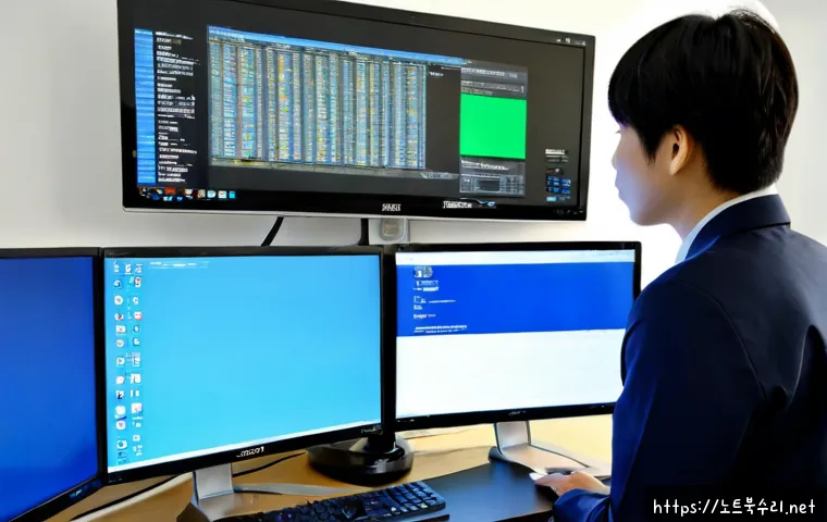 미근동 KMODE_EXCEPTION_NOT_HANDLED - Photorealistic IT support workstation in a compact Migun-dong office, dual monitors with one display...