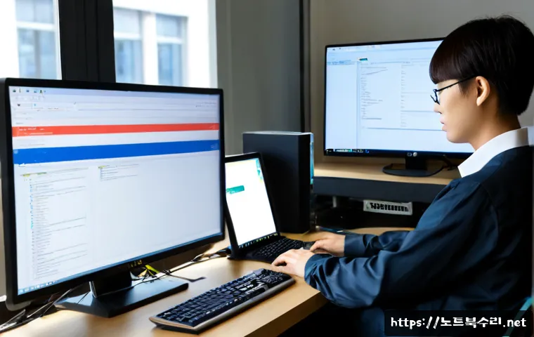 지제동 linux재설치 포맷 초기화 - Photorealistic remote-support workstation in a compact Jijedong office, dual monitors showing a clea...