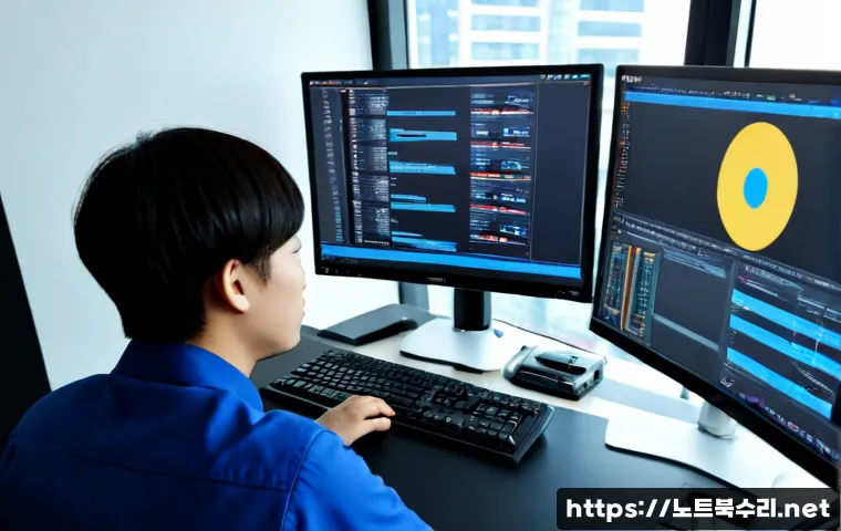 신계동 VIDEO_DRIVER_INIT_FAILURE - Photorealistic IT support workstation in a modern Singye-dong office, desktop tower opened beside du...