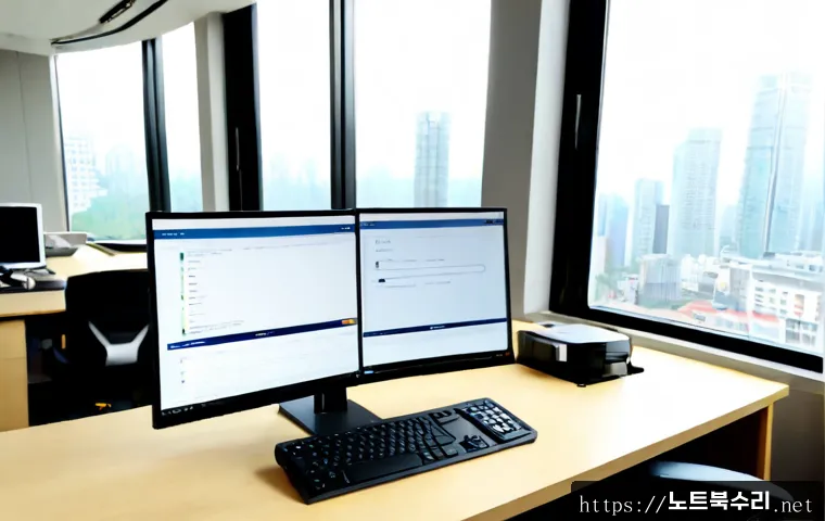 강일동 DRIVER_CORRUPTED_EXPOOL - Photorealistic remote-support workstation in a modern Gangil-dong apartment office, dual monitors sh...