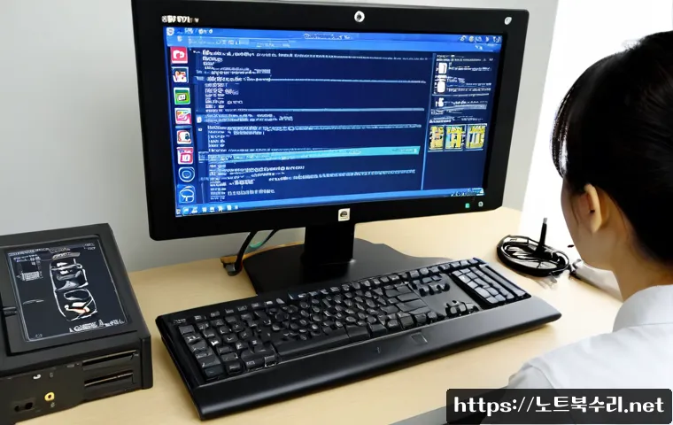 도기동 BOOTMGR is Compressed - Photorealistic IT support workstation in a quiet suburban Korean office, desktop monitor showing a m...