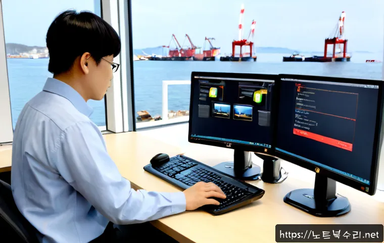 대천동 STATUS_IO_ERROR - Photorealistic remote-support workstation in a compact coastal Korean office, dual monitors showing ...