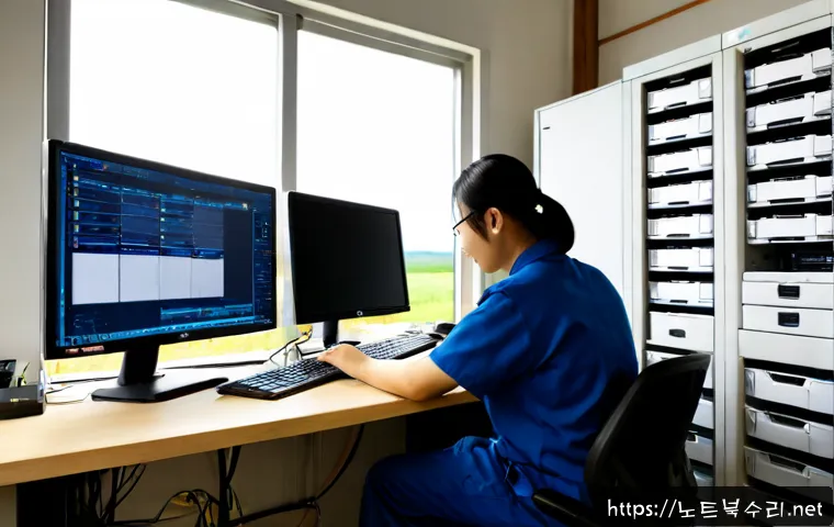 흥천면 NAS출장방문수리점 - Photorealistic rural office workstation, a NAS repair technician connecting a compact multi-bay stor...