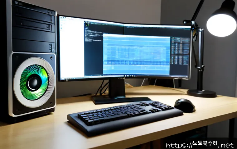 동숭동 STATUS_KERNEL_DISK_ERROR - Photorealistic IT support workstation in a compact Daehangno-style studio office, desktop tower open...