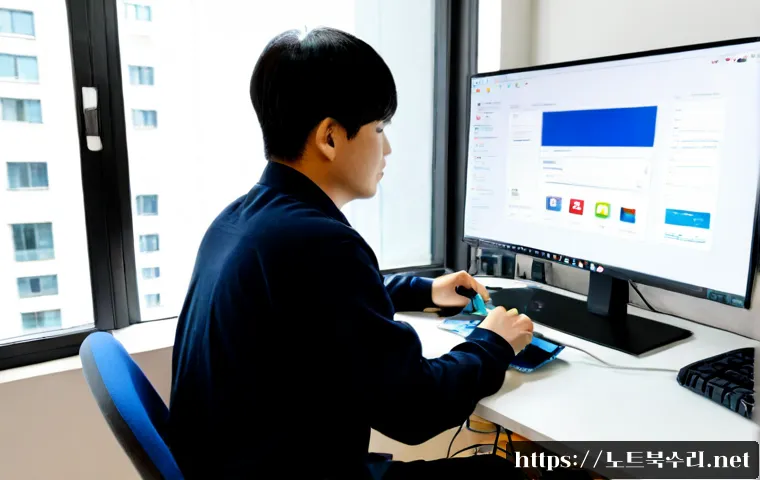 하안동 윈도우11 windows11 재설치 포맷 초기화 - Photorealistic PC repair workstation in a compact Haan-dong apartment home office, technician reinst...