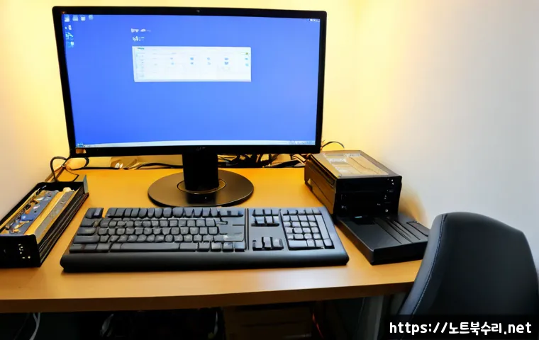 송포동 NTLDR is compressed - Photorealistic IT support workstation in Songpo-dong, compact desktop tower open beside a monitor sh...
