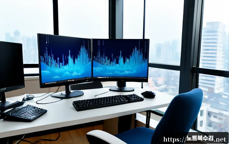 서현동 CLOCK_WATCHDOG_TIMEOUT - Photorealistic remote-support workstation in a modern Bundang apartment office, dual monitors showin...