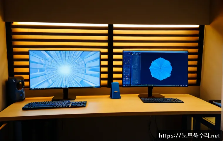 안국동 WIN32K_POWER_WATCHDOG_TIMEOUT - Photorealistic IT support workstation in a quiet Anguk-dong design studio, dual monitors showing a f...