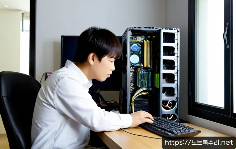 묘동 컴퓨터 desktop 출장방문수리점 - Photorealistic desktop computer repair technician servicing an open tower PC at a compact apartment ...