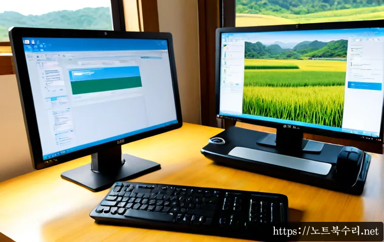 길상면 STATUS_FILE_NOT_FOUND - Photorealistic remote-support workstation in a quiet coastal village office, dual monitors showing a...