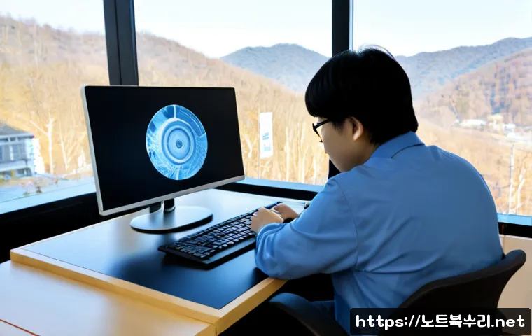 회암동 SOFTWARE_EXCEPTION - Photorealistic remote-support workstation in a quiet Korean suburban office near low forested hills,...