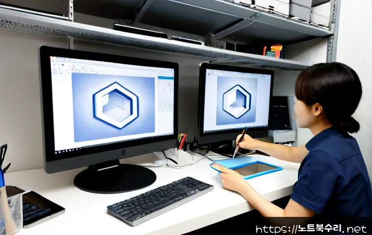 오장동 STATUS_IMAGE_ACCESS_DENIED - Photorealistic compact product-design workstation in a small Ojang-dong studio, dual monitors showin...