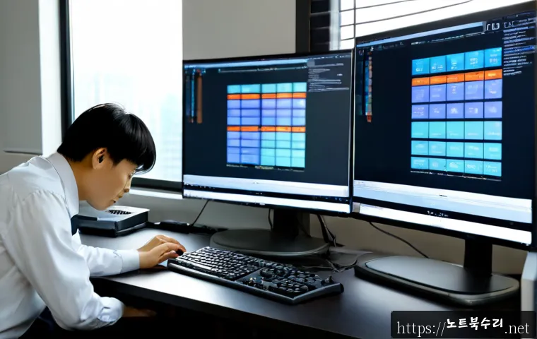 홍문동 STATUS_PAGEFILE_MISSING - Photorealistic IT support workstation in a compact Hongmun-dong office, dual monitors showing abstra...
