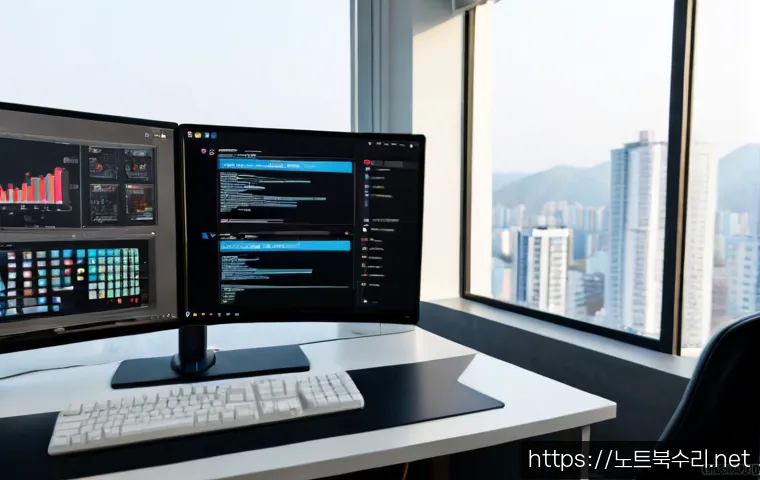 부흥동 STATUS_FILE_NOT_FOUND - Photorealistic remote-support workstation in a Buheung-dong apartment office, dual monitors showing ...