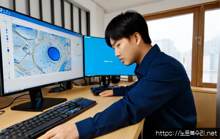 체부동 STATUS_KERNEL_DEVICE_ERROR - Photorealistic IT support workstation in a compact Chebu-dong office, technician examining a desktop...