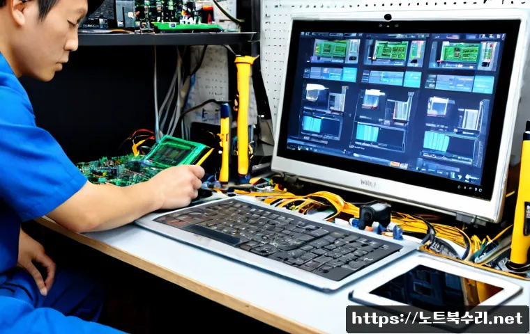이문동 맥북프로 판매 및 수리 - Photorealistic electronics repair bench in Imun-dong, Seoul, a premium aluminum professional laptop ...
