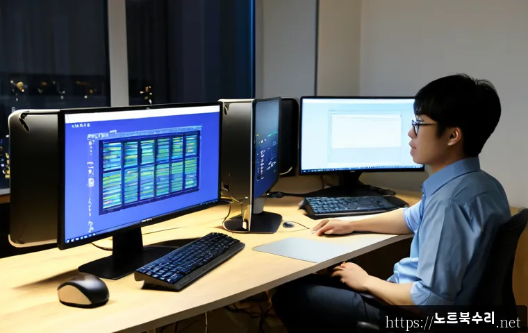 길동 INVALID_KERNEL_HANDLE - Photorealistic IT support workstation in a modern Gil-dong apartment office, dual monitors showing a...