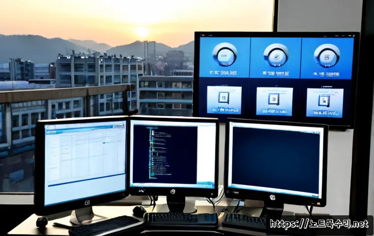 송중동 STATUS_INVALID_THREAD - Photorealistic IT support workstation in Songjung-dong, Seoul, dual monitors displaying a clean abst...
