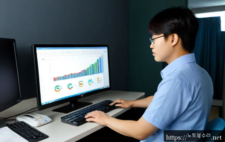 용강동 STATUS_FLOAT_INEXACT_RESULT - Photorealistic software support specialist at a compact workstation in Yonggang-dong, examining a du...