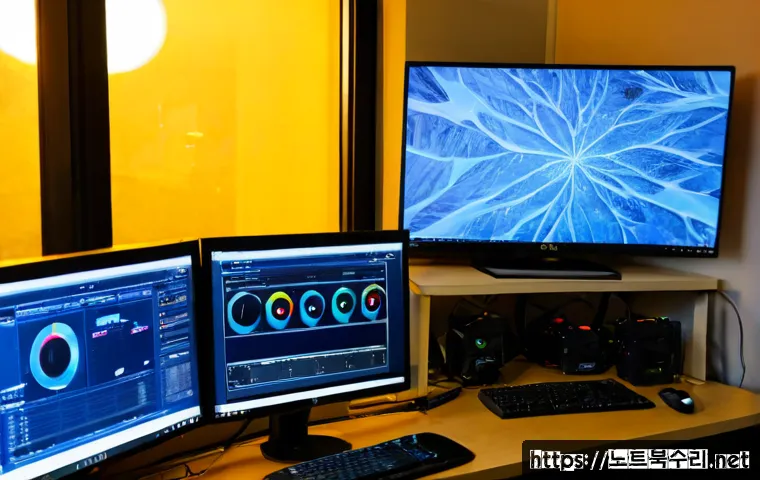 동양동 STATUS_IO_TIMEOUT - Photorealistic IT support workstation in a compact Dongyang-dong apartment office, dual monitors sho...